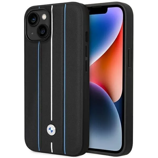 BMW Mobilskal till iPhone 14 Läder Stamp Blue Lines