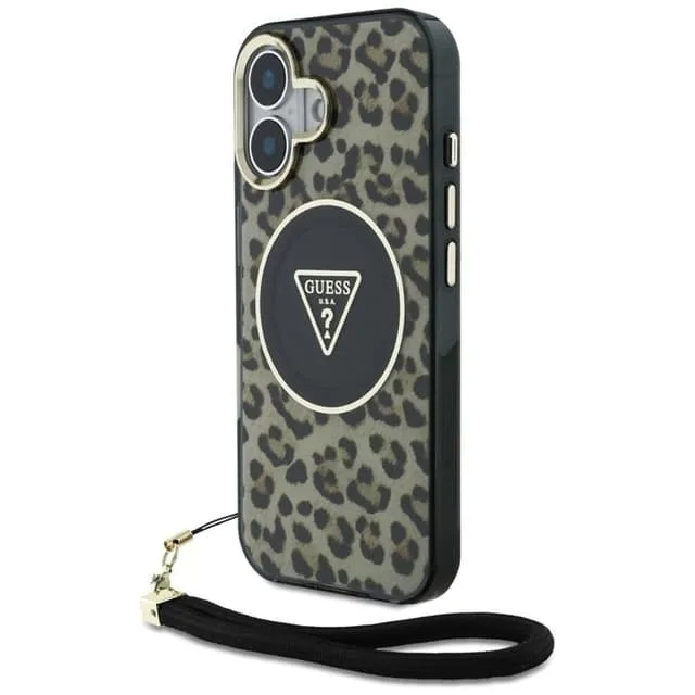 Guess Mobilskal till iPhone 16 MagSafe IML Leopard Triangle Cord Strap