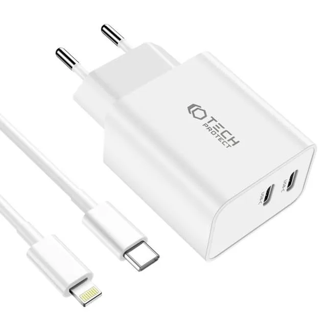 Tech-Protect 2-Port Nätverk Laddare Med Lightning Kabel 1m 35W