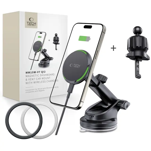 Tech-Protect MM15W-V7 Qi2 MagSafe bilhållare med trådlös laddning 15W sugkopp/ventgaller