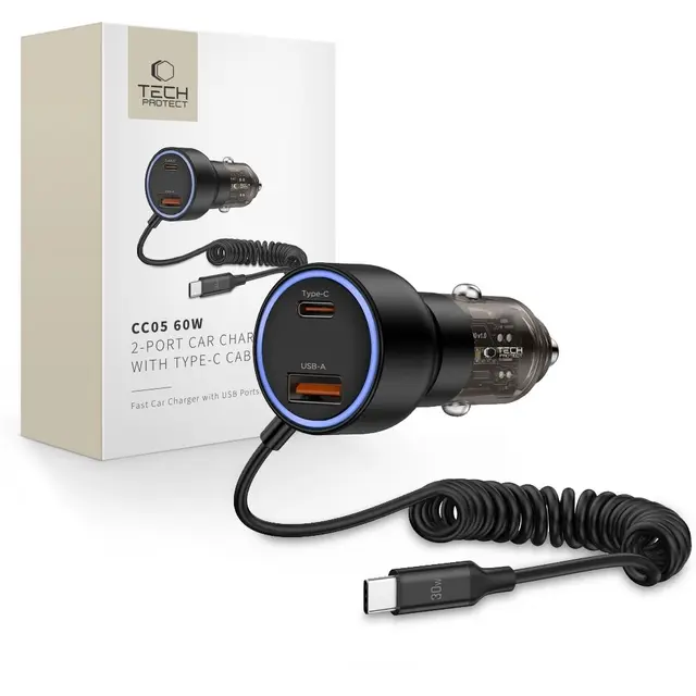 Tech-Protect CC05 billaddare 2-port 60W med USB-C-kabel