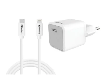 Sandberg Strömadapter 2-i-1 20 Watt 3 A PD USB-C vit Europa med USB-C till Lightning-kabel 1 m