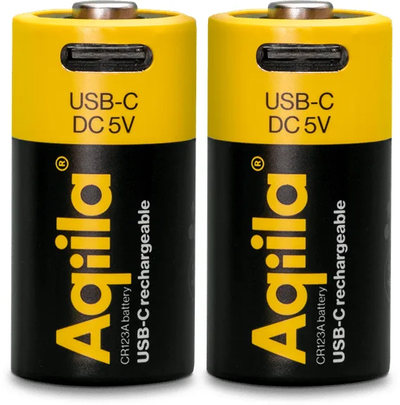 Aqiila USB-C Rechargeable Battery, CR123A, 750 mAh, 2-pack
