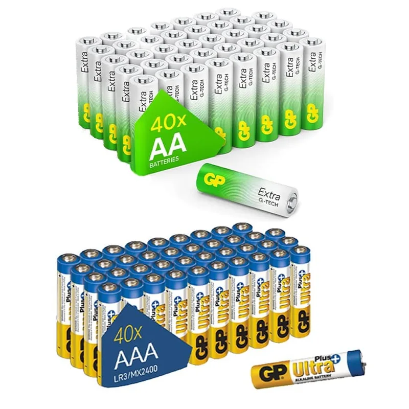 Förpackning med 40 AA-batterier GP och förpackning med 40 AAA-batterier