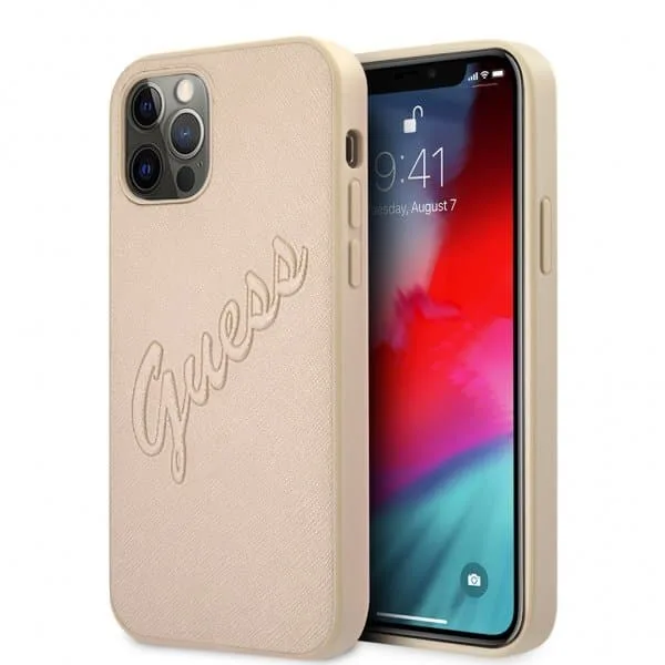 Guess iPhone 12 Pro Max Skal Saffiano Vintage Script Guld