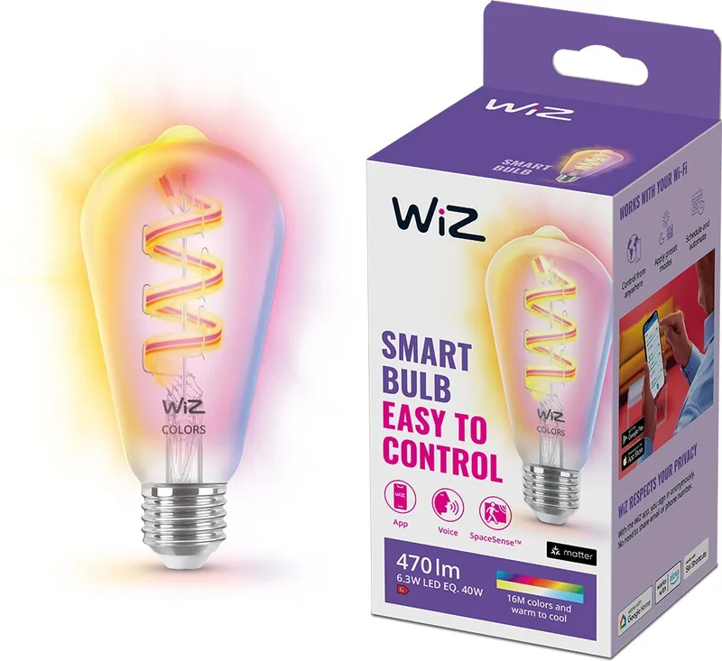 WiZ WiFi Smart LED E27 ST64 40W Filament Färg + Varm-kallvit 470lm