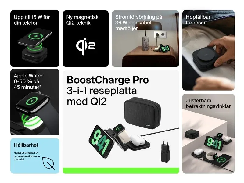 Belkin BoostCharge Pro hopfällbar Qi2-certifierad trådlös 3-i-1 magnetisk laddningsplatta för resan 15 W