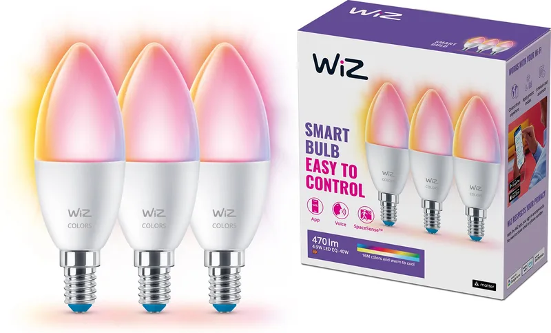 WiZ Wi-Fi BLE 40W C37 E14 922-65 RGB 3PK