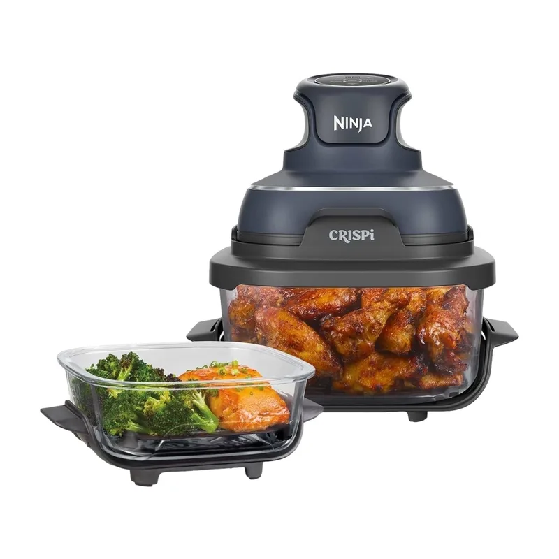 Ninja CRISPi bärbar airfryer, 3,8 l, 4-i-1: luftfritera, ugnssteka, hålla värme, krispa om, kompakt för smidig förvaring, två avtagbara glasbehållare och lock, 1 700 W, grå, FN101EUGY