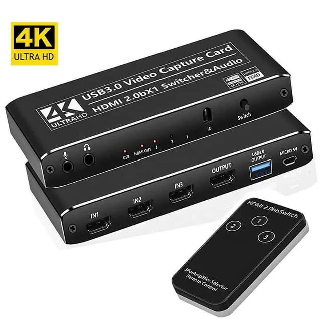 NÖRDIC HDMI Switch 3 till 1 med Video Capture Card HDMI2.0 4K60Hz