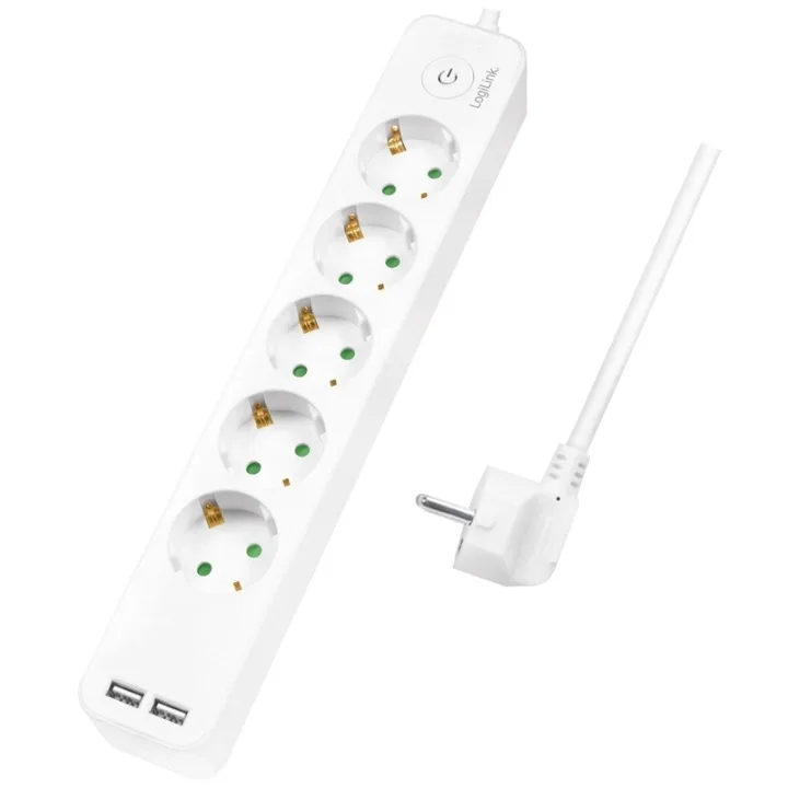 LogiLink Grenuttag 5-vägs + 2st USB m brytare 1,5m Vit