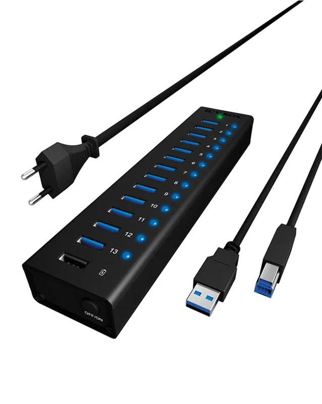 Icy Box IB-AC6113 13-vägs USB 3.0-hub med 12 V/5 A strömadapter, aluminiumhölje och USB-laddningsport svart