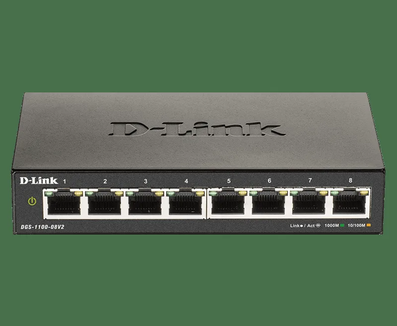 D-Link DGS-1100-08V2/E 8-Portars Gigabit Smart Managed Switch med VLAN support, lager 2-funktioner, QoS, 802.3az EEE, Fläktlös