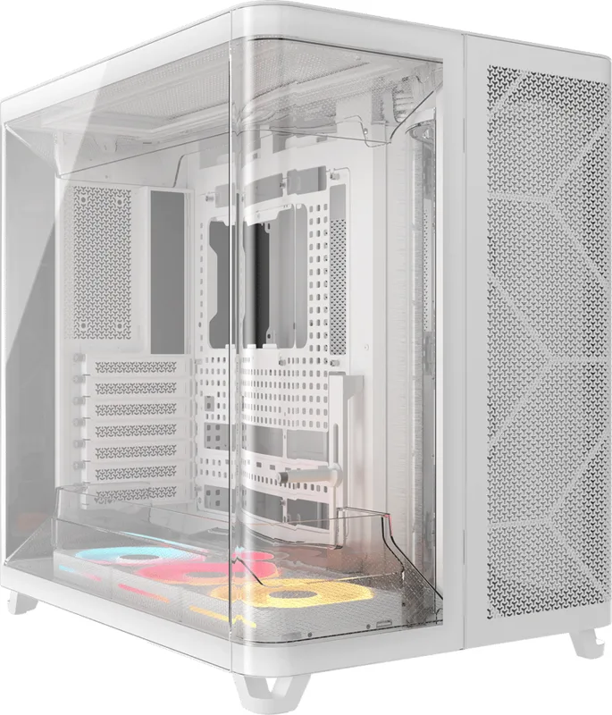 CORSAIR AIR 5400 LX-R RGB iCUE Link Mid-Tower PCchassi Panoramaglasdesign Med Tre Kammare – 3x Förinstallerad LX120-R RGB Omvänd Rotor, Isolerad 360mm AIOkammare, Omvänd Moderkorts Stöd – Vit