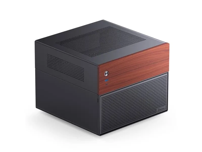 Jonsbo N4 Black, Micro Tower, PC, Svart, ITX, micro ATX, Stål, Trä, Spela