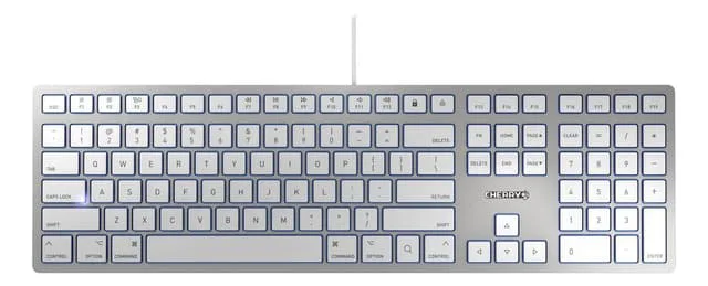 CHERRY KC 6000 SLIM, Ultraplatt designtangentbord, Pan-nordisk layout (QWERTY), Trådbunden (USB-A-anslutning), Tyst skrivkänsla, Långlivade tangentbokstäver, Silver