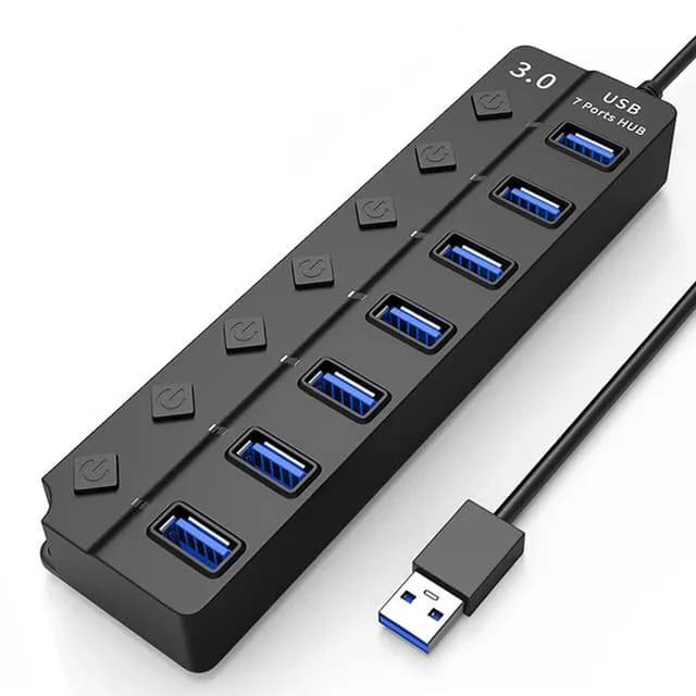 USB 3.0-hub 5 Gbps 7-portars med individuella av/på-knappar