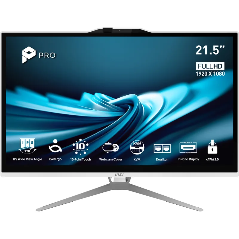MSI Pro AP222T 14M-623EU Intel® Pentium® Gold G7400 54,6 cm (21.5") 1920 x 1080 pixlar Pekskärm Allt-i-ett-dator 8 GB DDR4-SDRAM 128 GB SSD Windows 11 Pro Wi-Fi 5 (802.11ac) Vit