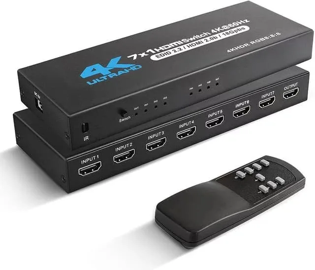 HDMI Switch 7x1 med 4K@60Hz och IR-fjärrkontroll, för PS5 PS4 Xbox DVD Player