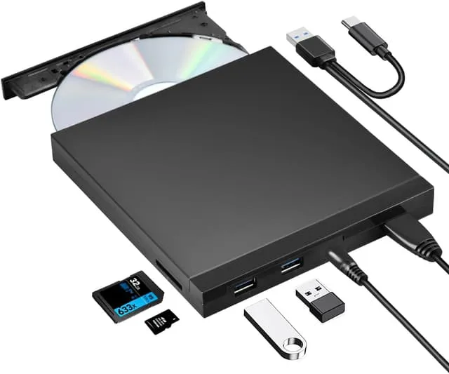 NÖRDIC Bärbar CD Brännare och spelare och USB hubb med SD/Micro-SD kortläsare