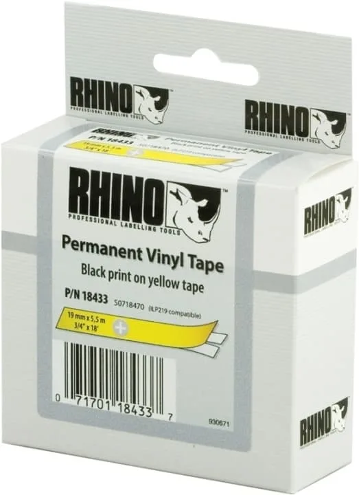 DYMO RhinoPRO märktejp perm vinyl 19mm, svart på gult, 5.5m rulle (18433)