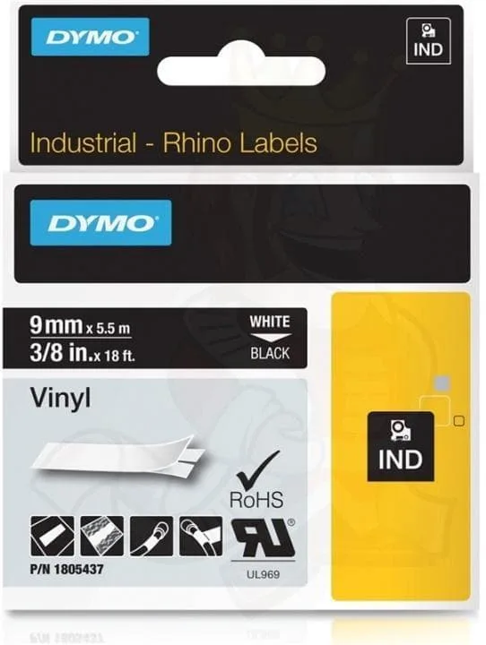 DYMO RhinoPRO 9mm vinyltejp, vit på svart, 5.5m rulle (1805437)