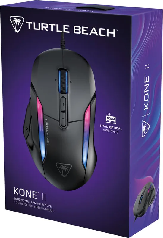 Turtle Beach Kone II – Trådad, ergonomisk RGB-gamingmus, 26K DPI optisk sensor, 100 milj. klick optiska omkopplare, 23 anpassningsbara ingångar, 4D rullhjul, rena PTFE-skjutreglage