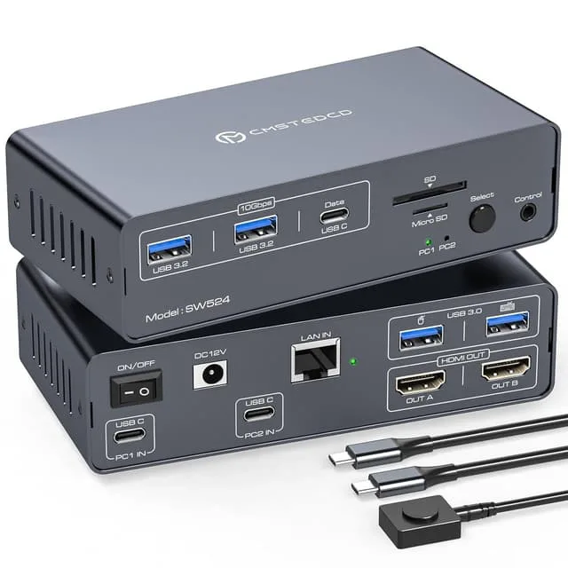 NÖRDIC USB-C Dockningsstation med KVM-switch 2 PC 2 skärmar 4K120Hz DP Gigabit Ethernet, kortläsare, 4xUSB-A och USB-C