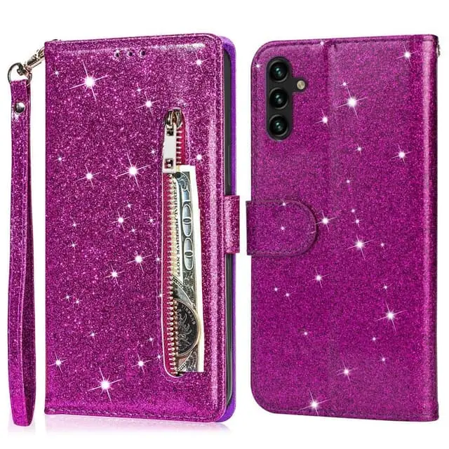 För Samsung Galaxy A56 5G Ställbart Glitterfodral med Dragkedjeficka