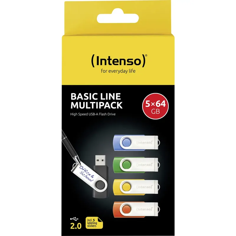 Intenso USB-Stick 5er Pack Basic Line 5 x 64 GB USB-minne 64 GB Gul, Grön, Blå, Orange, Svart 3503595 USB 2.0