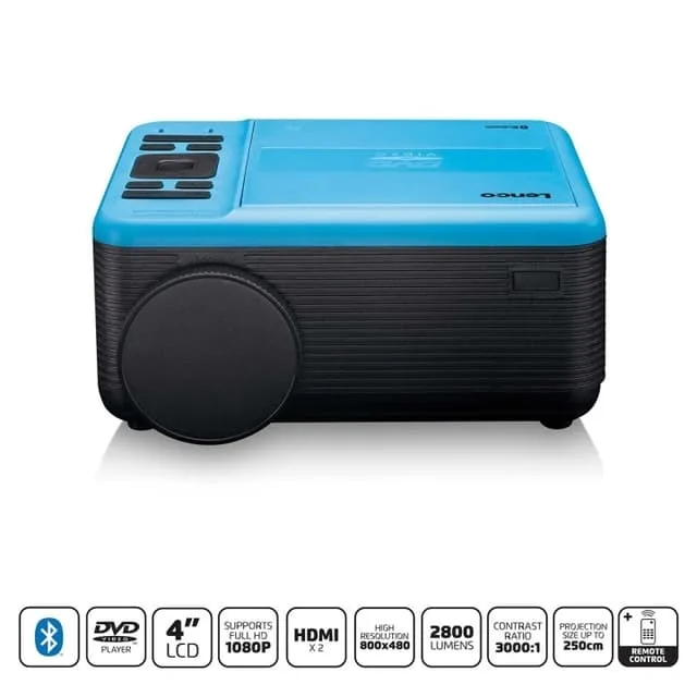 Lenco LPJ-500 – Bluetooth-strålare – mini-strålare – DVD-spelare – 2800 lumen – 30 000 timmars livslängd – Full HD – Bluetooth 5.0 – 2 x HDMI – USB – SD-port – AV-in – VGA – Blå