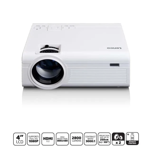 Lenco LCD-projektor med hög upplösning, stödjer Full HD 1080P-innehåll Vit