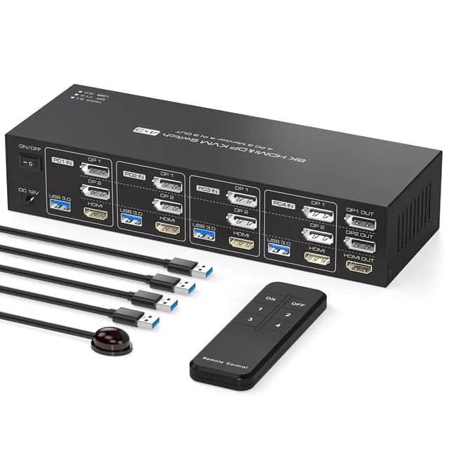 NÖRDIC KVM Switch 4 till 3, 4xUSB3.0 2xDP 1xHDMI 8K60Hz med trådlös kontroll