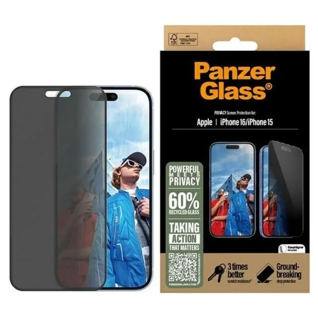 PanzerGlass - Skärmskydd för mobiltelefon - ultrabred passning - glas - med sekretessfilter - 2-vägs - ramfärg svart - för Apple iPhone 16