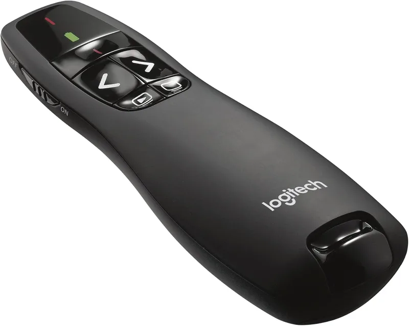 Logitech R400 Wireless Presentation Remote, 2.4 GHz, USB-mottagare, Röd laser markör, 15 meter räckvidd, 6 knappar, Intuitiv slideshow kontroll, Batteri indikator