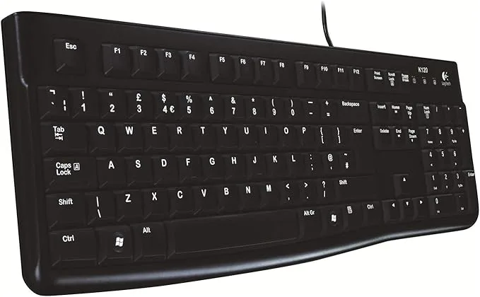 Logitech K120 trådbundet affärstangentbord för Windows och Linux, USB-port, tyst skrivning, robust, stänksäker, tangentbordsstativ, fransk AZERTY-layout – svart