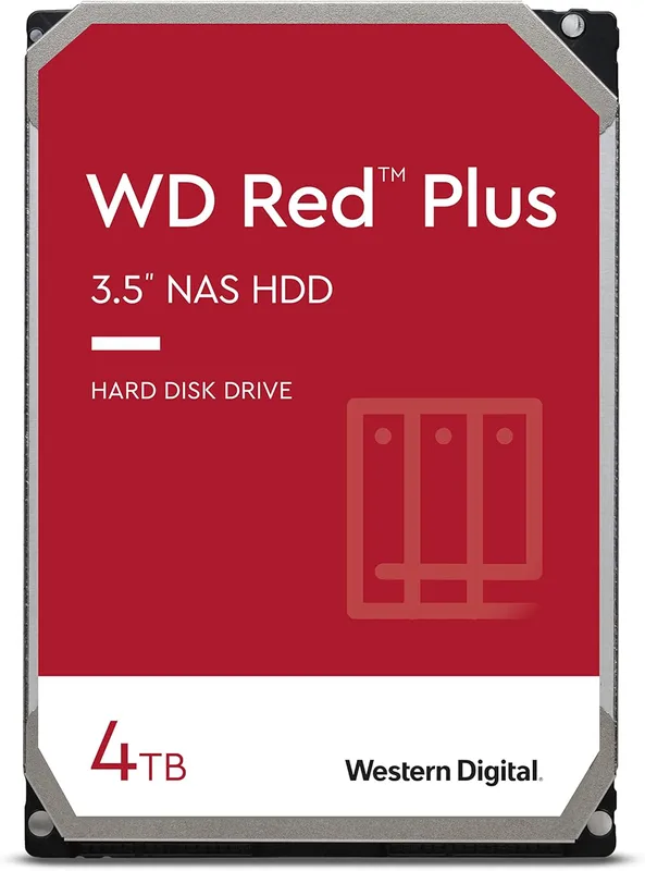 WD WD40EFRX Red Plus Intern hårddisk, 4 TB NAS 3,5 tum NASware 3.0-5400 varv/rpM-klass, SATA 6 Gb/s, CMR, 64 MB cache, Röd