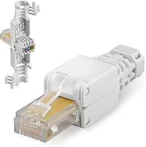 goobay 68859 RJ45-kontakt CAT 5e UTP oskärmad/verktygsfri/LAN-kontakt för rund kabel/ethernet-kontakt med färgade kabelkontakter, självmontering utan pressstång/vit