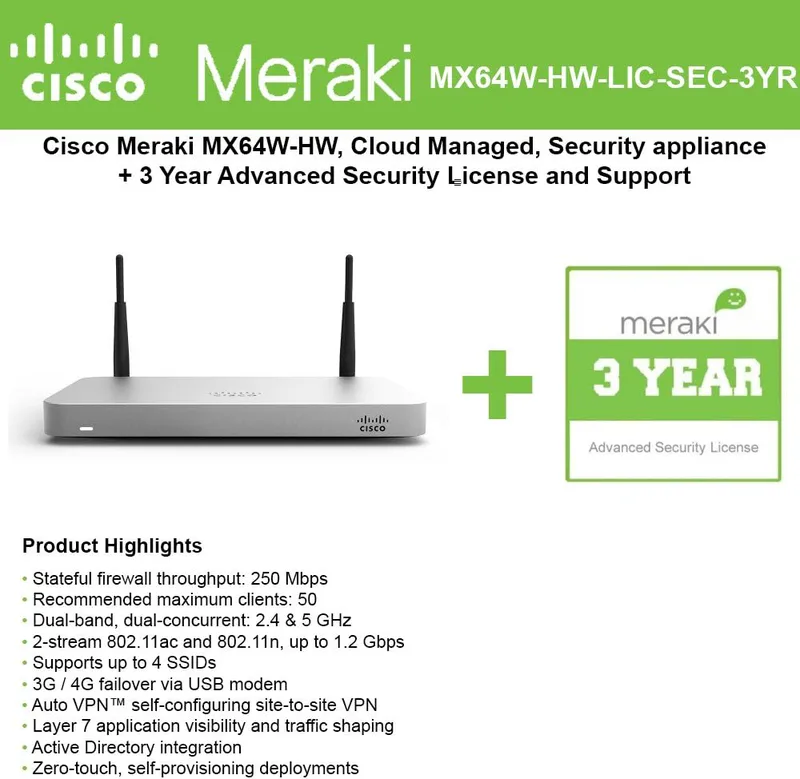 Cisco Meraki MX64W säkerhetspaket för trådlös brandvägg