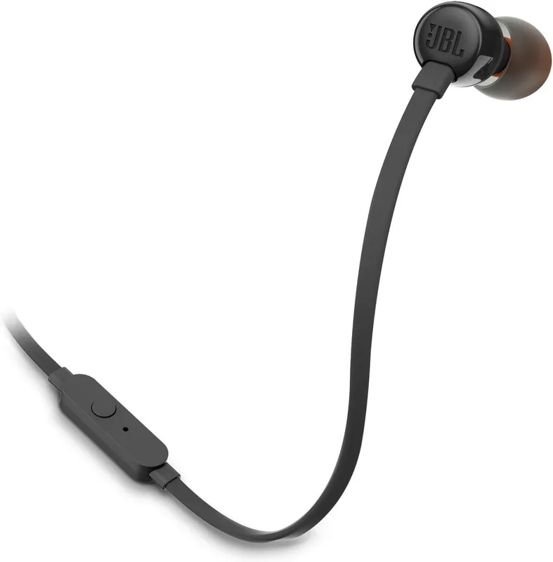 I förpackningen: 1 JBL Tune 110 trådbundna in-ear hörlurar med platt kabel och mikrofon, örontoppar i 3 olika storlekar