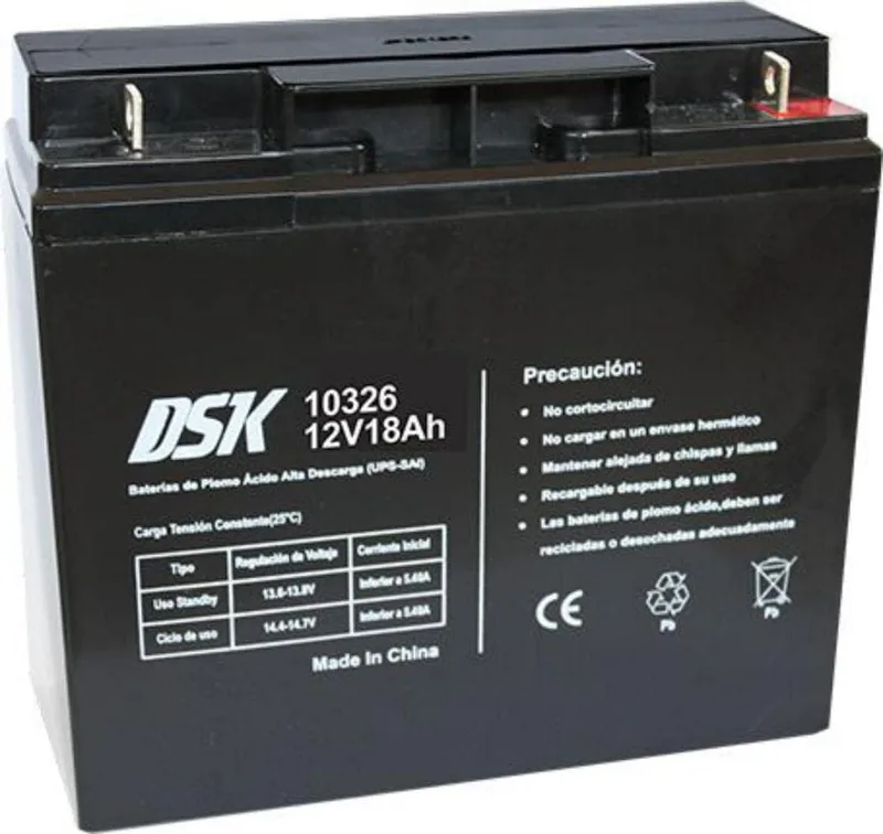 DSK 10326-12V 18Ah Sealed Rechargeable AGM Lead Battery. Ideal for Security Alarm Systems, Emergency Lighting, OEM Electrical Equipment, UPS Systems,