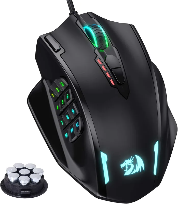 Redragon M908 Impact RGB LED MMO-mus med sidoknappar optisk trådbunden spelmus med 12 400 DPI, hög precision, 20 program