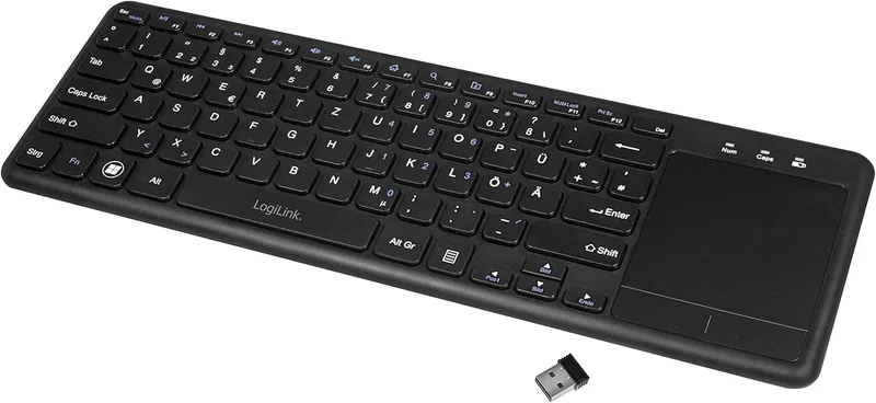 LogiLink ID0188 – Trådlöst tangentbord med inbyggd pekplatta, 12 praktiska multimediafunktionstangenter och ett viloläge för PC/Windows/MacOS/Smart TV/Android-box, svart