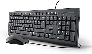 Trust 24086 Taro Trådbundet tangentbord och mus set, tysk QWERTZ-layout, tysta knappar och musknappar, stänksäker, USB-port, för PC, bärbar dator, MacBook, Windows, macOS – svart