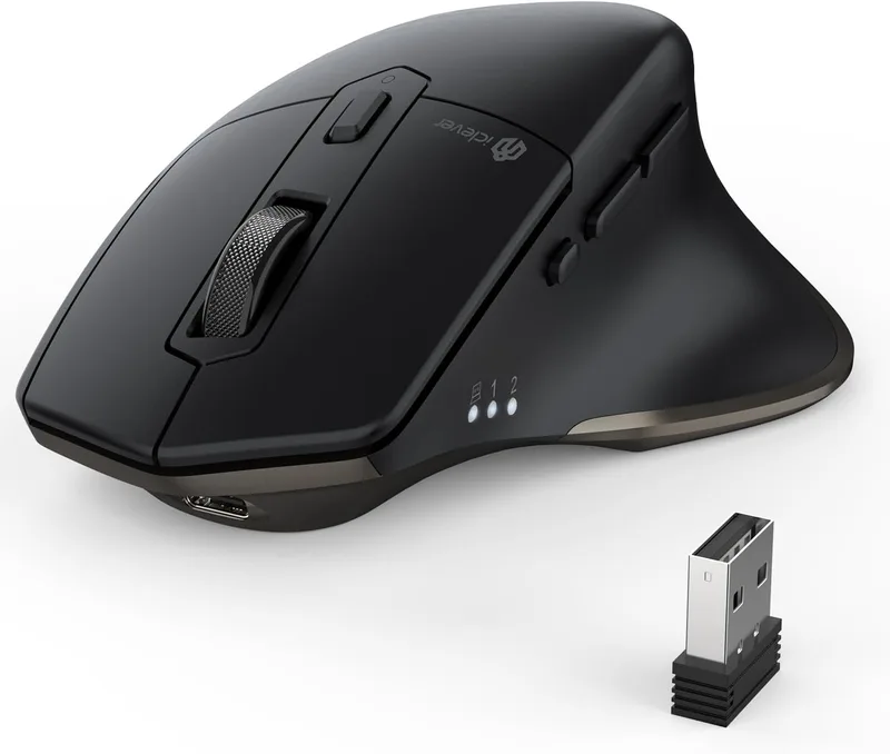 IClever Bluetooth-mus, Bluetooth dubbelläge trådlös mus + 2.4G, uppladdningsbar, flera enheter, 7 knappar med 5 justerbara DPI för PC, bärbar dator, surfplatta, MacBook