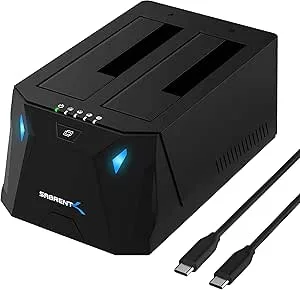 Sabret 2-fack USB C hårddisk dockningsstation, SSD HDD 1.5 3,5 tum SATA-fodral docka, externt SSD-hölje, strömadapter, offline-kloning, LED-indikator, verktygsfri, usb-c-kablar ingår (EC-CH2B)