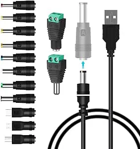 GUUZI USB Till DC Strömkabel, Universal 5V DC 5.5x2.1mm Kontaktladd med 13 Kontakter (6.4 × 4.4, 6.3 × 3.0, 5.5 × 2.5, 5.5 × 2.1, 5.5 × 1.7, 4.8×1.7, 4.0×1.7, 3.5×1.35, Type-C, Micro USB, DCkontakt)
