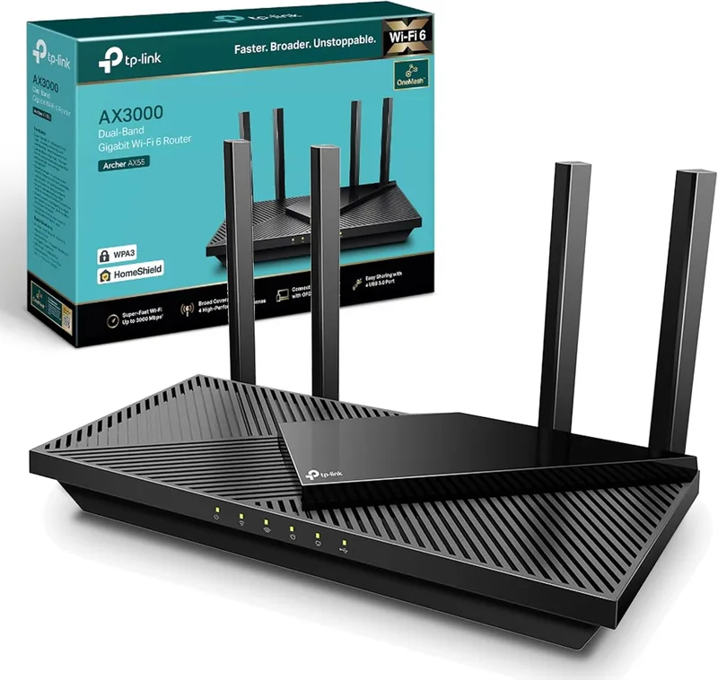 TP-Link Next-Gen Wi-Fi 6 AX3000 Mbps Gigabit Dual Band Wireless Router, OneMesh Supported, 1× USB 3.0 Port, Ideal for Gaming Xbox/PS4/Steam and 8K, Compatible with Alexa (Archer AX55)