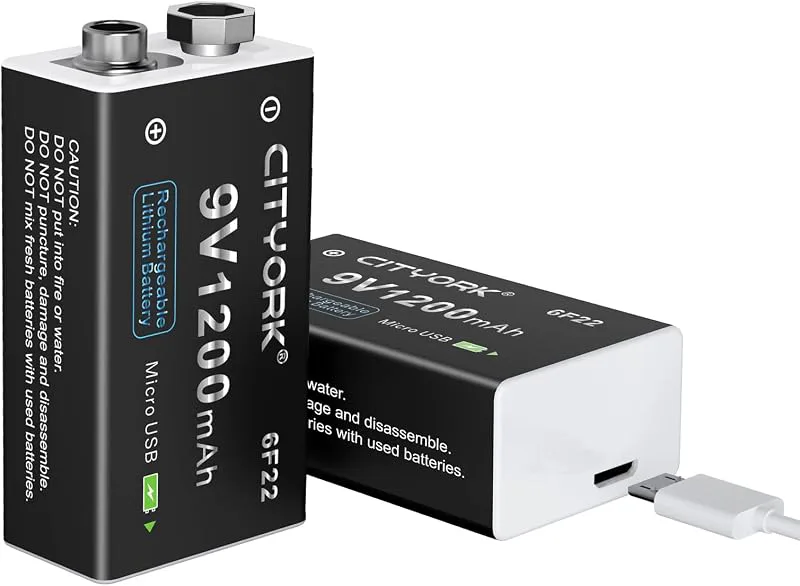 CITYORK 9 V batteri 1 200 mAh (2-pack), PP3/MN1604/6F22/6LR61 USB litium uppladdningsbart batteri, med mikro-USB-laddnin