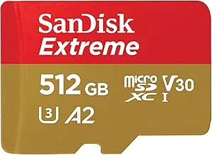 SanDisk 512GB Extreme microSDXC kort +SD-adapter, för din Android-smarttelefon, actionkameror eller drönare, upp till 190 MB/s, RescuePro Deluxe, SanDisk QuickFlow teknik, A2, UHS-I, Class 10, U3, V30